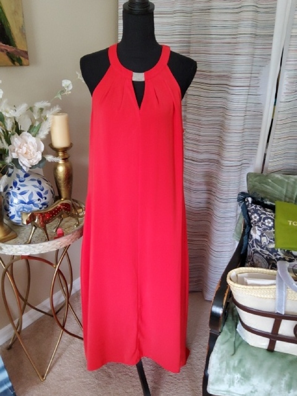 DKNYC Red Halter Maxi  Dress with Keyhole Accent